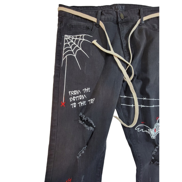 THRT Size 36 Black Distressed Jeans Graffiti Barbwire Spider Web Money Rope Belt - Picture 6 of 9